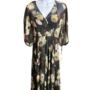 Calvin Klein Women's Black Floral Print High Low Dress Size 6 Sheer Sleeve